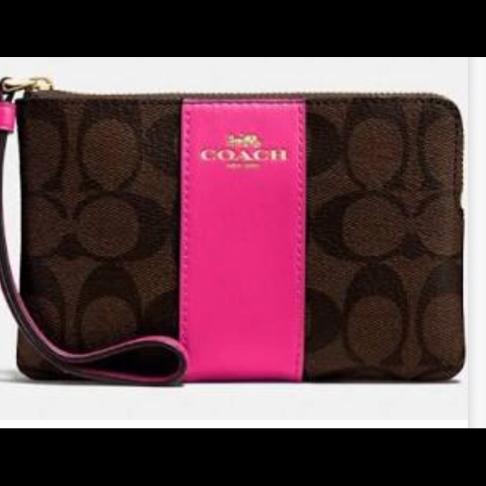 Brown and pink coach wristlet